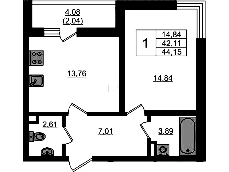 1-комнатная квартира 44.15 м², 1/4 эт., ЖК «Новая история»